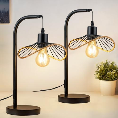 Lichtmaler Tischlampe Schwarz Nachttischlampe Vintage 2er | Nachtlampe mit Kabel Tischleuchte E27 Schlafzimmer Schreibtischlampe Retro Leselampe Metall Tisch für Wohnzimmer