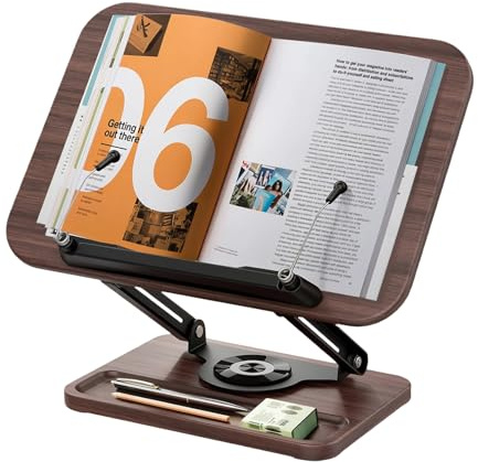 Holz Lesepult mit 360° drehbarer Basis & Stiftefach | Verstellbarer Buchhalter Leseständer mit elastischem Seitenclip, Bücherständer für Kochbücher, Lehrbücher, Rezepte, Tablets