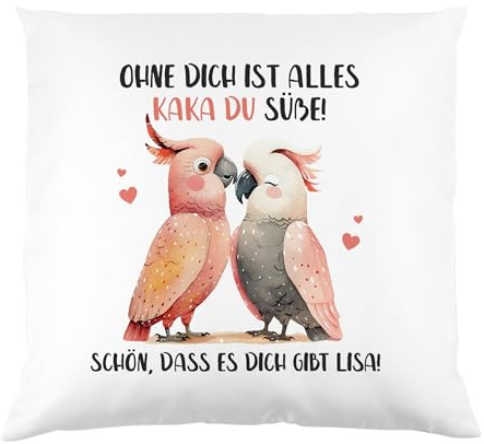 Herz & Heim® Personalisiertes Kissen mit Kakadu-Motiv zum Valentinstag – 40x40 cm Dekokissen mit Wunschtext – Geschenk für Partner, Freundin, Freund