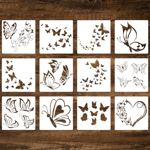 12er-Pack Schmetterlings-Schablonen, Wiederverwendbare Malschablonen für DIY-Handwerk, Basteln, Scrapbooking und Wanddekoration