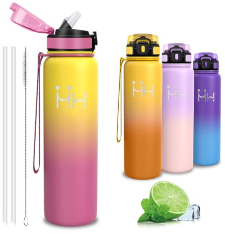 Gourde Isotherme, Gourde 1l, sans BPA, Bouteille Isotherme avec Paille | Anti Fuite, Avec une Brosse à Paille, 18/8 Acier Inoxydable, Bouteille d'eau pour Randonnée/ Bureau/ Camping/ Triathlon