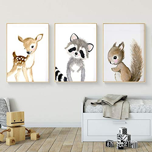 Nordic Ideas 3 Affiches Cerf Écureuil Raton Laveur Bébé Illustration Poster Animaux Mignon Impression sur Toile 30x40 Tableau Décoration Murale Fille Garcon Enfant Cadeaux sans Cadre