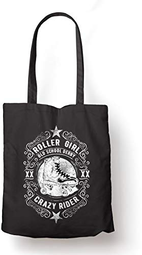 BLAK TEE Roller Girl Old School Derby Crazy Rider Vintage Organic Cotton Reusable Shopping Bag Black