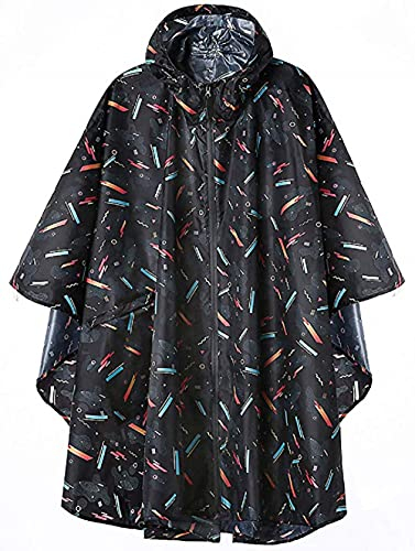 Regen Poncho Jacke Mantel für Erwachsene mit Kapuze wasserdicht mit Reißverschluss im Freien, Schwarz Geometrie