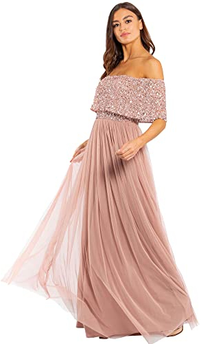 Maya Deluxe Women's Misty Green Bardot Embellished Maxi Dress Bridesmaid Vestido de Dama de Honor, Malva, 44 para Mujer