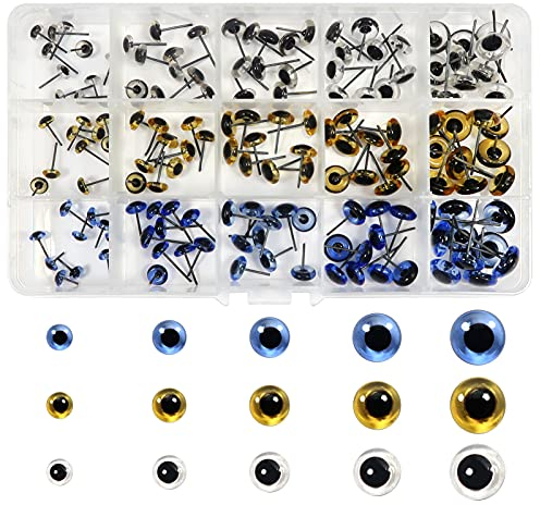 TOAOB 150 Piezas Redondos Ojos de Cristal con Clavo de Metal Tamaño Mixto de Ojos de Seguridad de marrón y azul y Blanco Transparente para Fabricación de Hacer Muñecas