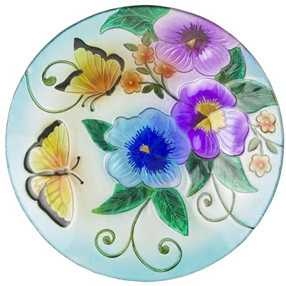 Alpine Corporation 18 Glass Birdbath Topper with Colorful Butterfly and Flowers