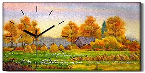 Coloray Uhr auf Leinwand - Schwarze Hände - Kunst Segeltuch Wohnzimmer Dekoration Ohne Tickendes Geräusc Wand Uhr - Herbst in der Landschaft