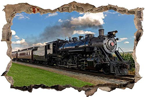 3D Look Wandtattoo Wand Durchbruch Wandbild Sticker Aufkleber Wandaufkleber Dampflokomotive Eisenbahn Wandbild Wohnzimmer Schlafzimmer Kinderzimmer Deko 60x90cm