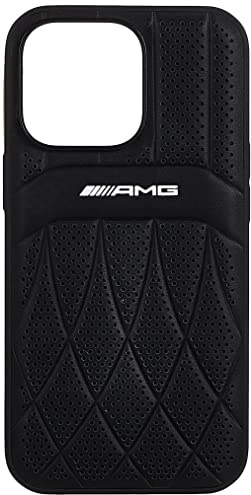 CG MOBILE AMG AMG Schutzhülle aus echtem Leder mit perforiertem schwarzem Leder, geschwungene Linien, Heißprägung mit Logo, für iPhone 13 Pro (6,1 Zoll), Schwarz