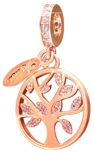 Charms de árbol de vida de oro rosa para pulsera de Navidad Pandora, colgante de árbol de Navidad de plata esterlina 925, colgante de raíz familiar CZ cuentas, el mejor regalo para mamá/abuela
