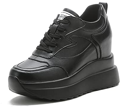 AONEGOLD Baskets Talon Compensées Femme Plateforme Chaussure de Sport Casual À Lacets Baskets Cuir Mode Chaussures Talon de 10 cm à L'intérieur Hausse(Noir 309,Taille 37)