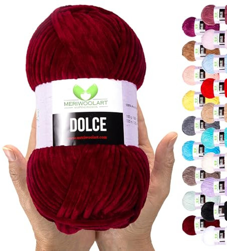 MeriWoolArt Chenille Garn zum Stricken und Häkeln Burgunderrot - 100 g und 120 m Samt-Wolle - 100% Flauschige Polyester Strickgarn für Amigurumi Kissen Decken weiche Kleidung Geschenke