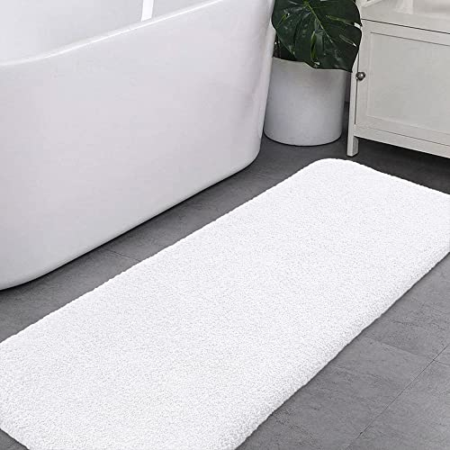 VANZAVANZU Badematte rutschfest Badteppich Extra Lange Verdickt Badezimmerteppich Weich Badeteppich Flauschige Mikrofaser Badvorleger Badläufer, Supersaugfähig, Maschinenwaschbar - 50 x 122cm (Weiß)