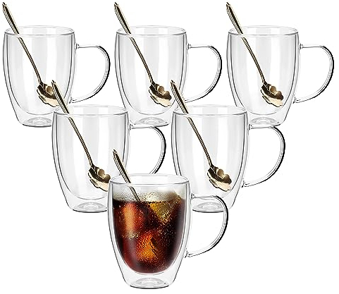 JNSMFC Double Walled Glass Coffee Mugs with 6 Spoons,350ML Set of 6 Double Layer Clear Glass Coffee Cup with Handle,Insulated Glass Coffee Mugs Gift for Cappuccino,Espresso,Latte,Tea,Milk,Hot Beverage