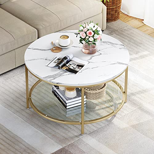 YITAHOME Mesa DE CAFÉ, Vidrio Templado de Madera, Blanco y Dorado, 80x80x46cm