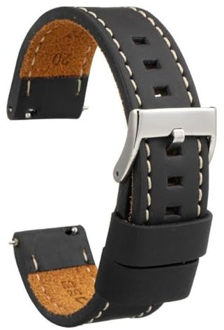 diloy Vintage Uhrenarmband gewachstes Leder mit weißer Naht – Handgefertigt für Sport- oder klassische Uhren – Größen 18mm 20mm 22mm 24mm 26mm – Braun oder Schwarz 384 Schwarz Und Weiß 18mm