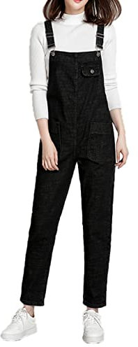 Jamron Donna Taglie Forti Salopette in Denim Stretch Lungo Overall Tuta Intera Jumpsuit Pantaloni Jeans con Pettorina Nero XL