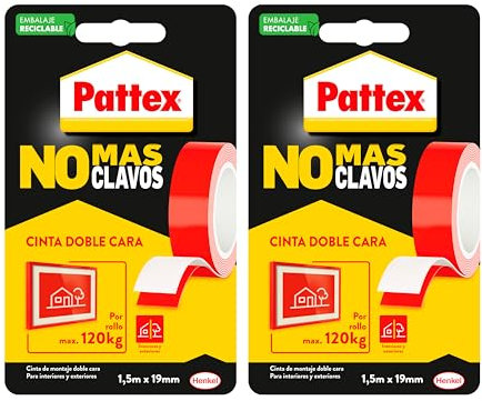 Pattex No Más Clavos Cinta, cinta adhesiva para aplicaciones permanentes, cinta de doble cara extrafuerte, adhesivo de montaje para interior y exterior, 19 mm x 1,5 m (Paquete de 2)