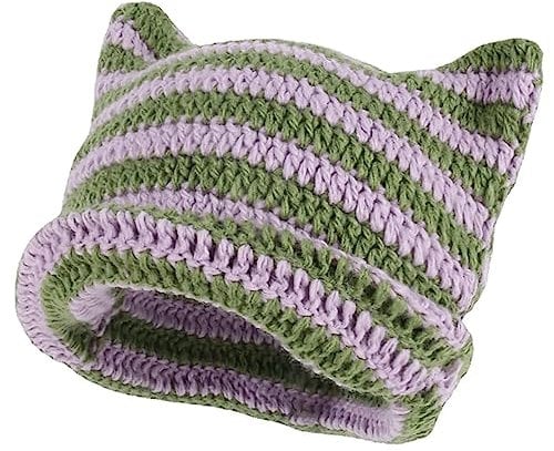XehCaol Y2k Cat Beanie, divertente berretto con orecchie di gatto, cappello lavorato a maglia, cappello Cat Ears diavolo corna ragazza Y2k Grunge accessori, Lilla, M