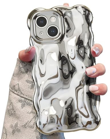 UEEBAI Case for iPhone 13 6.1 inch, Cute Solid Color Curly Wave Shape Shockproof Soft TPU Bumper Phone Case, Candy Water Ripple 3D Silicone Slim Pretty Case Non-yellowing Cover,Silver