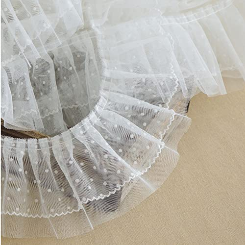 5Yard Spitzenband, 2-lagig plissiert Organza Spitzenborte 10 cm breit unelastisch Spitze für Hochzeitsapplikationen, Kleidung, Nähen, Basteln, DIY-Dekor (weiß, gepunktet)
