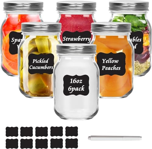 HYCKee Glass Mason Jars with Lids, 480ml/16oz Set of 6, Glass Canning Jars for Perserving, Pickle Breakfast Salad Jars, Airtight Overnight Oats Jars