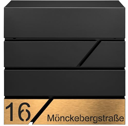 MTEC Design Schwarz Briefkasten mit Hausnummer & Ihre Namen Gravur Personalisiert, Wandbriefkasten mit Extra Zeitungsfach, Briefkasten Groß, Golden, (Gold 4)