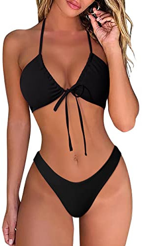 DOULAFASS Damen Bikini Set Sexy Bikini Brazilian Style Niedriger Taille String Triangel 2tlg Bikini Schwarz S