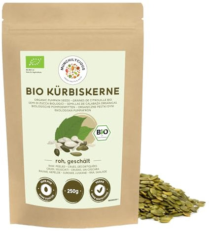 Graines de citrouille bio 250g par Munchilycious, graines de citrouille crues et pelées à manger, collations aux noix, céto, garniture parfaite pour céréales, granola ou porridge