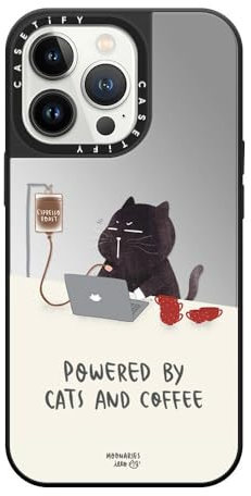 CASETiFY Mirror iPhone 13 Pro Case [Reflective / 4.9ft Drop Protection/Compatible with Magsafe] - Powered by cats and coffee - Silver On Black
