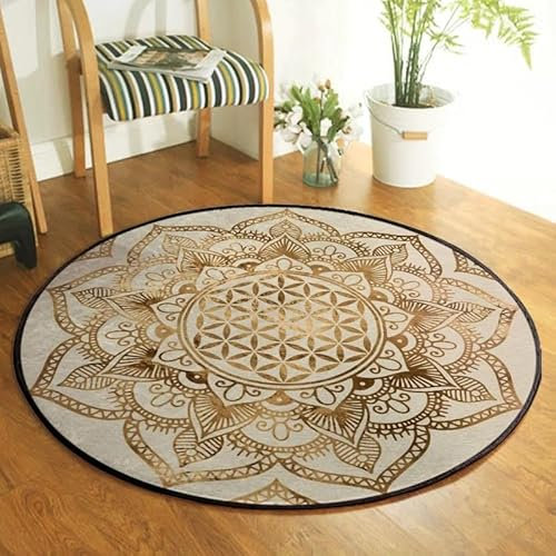 SANBEC Goldener Mandala-Blume des Lebens, runder Teppich, für Wohnzimmer, Zuhause, Bodenmatte, Schlafzimmer, dekorativer Teppich, Badezimmer, Rutschfester Eingangstür-Teppich