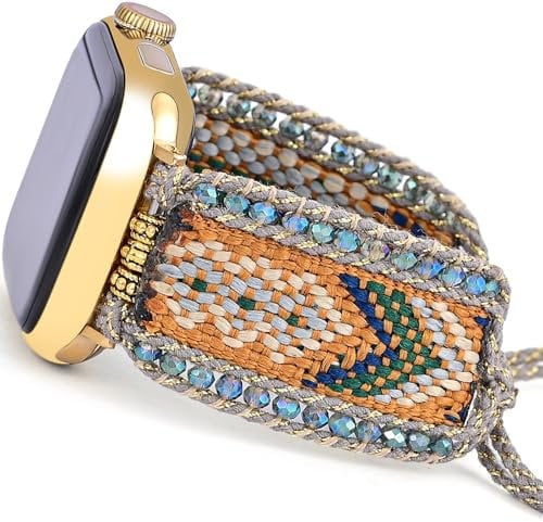 Fancy Woven Braided Nylon Band Compatible with Apple Watch Bands 40mm 41mm 38mm, Retro Boho Friendship Bracelet Handmade Bohemian Beaded Adjustable Dressy Strap Wristbands for iWatch Bands Series