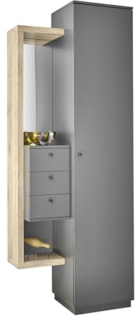 Stella Trading Frame Wandgarderobe Flurgarderoben Set in Viking Oak Optik, Anthrazit-Moderne Garderobe mit Spiegel für Ihren Eingangsbereich, 80 x 210 x 40 cm (B/H/T)
