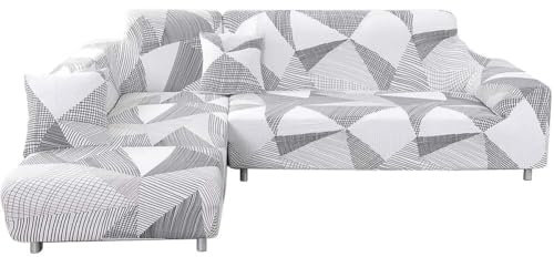 ShowyLive Sofa Überzug Couch Überzug 2er Set für Ecksofa L-Form Sofabezug 3 Sitzer+3 Sitzer, mit 2 Stück Kissenbezug, Motif triangulaire