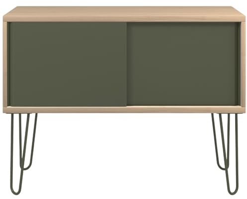 Bisley MultiRange Sideboard in Eiche-Olivgrün - Büroschrank mit Schiebetüren 100cm breit, Retro-Design Kommode aus Holz & Metall, Schrank für Ordner, Bücher & Büro-Material