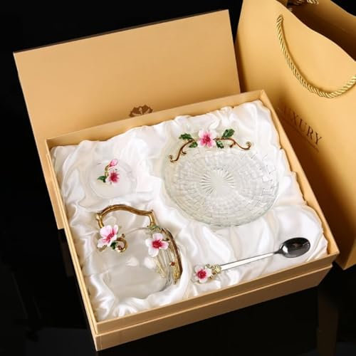 Calici da vino smaltati dipinti a mano con scatol Tazza for acqua in smalto Winter Jasmine con coperchio/cucchiaio/piatto, manico in lega smaltata, vetro senza piombo resistente al calore, tazza for a