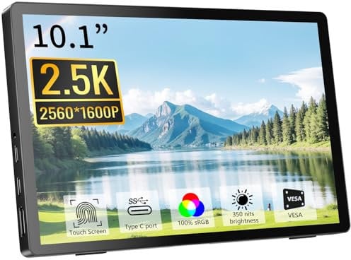 Pisichen Portable Monitor Touchscreen, QHD 2.5K 10.1 Inch 2560x1600 IPS Touch Screen Display, HDMI USB C External Monitor for PC Laptop PS4 Xbox, Built-in Speakers