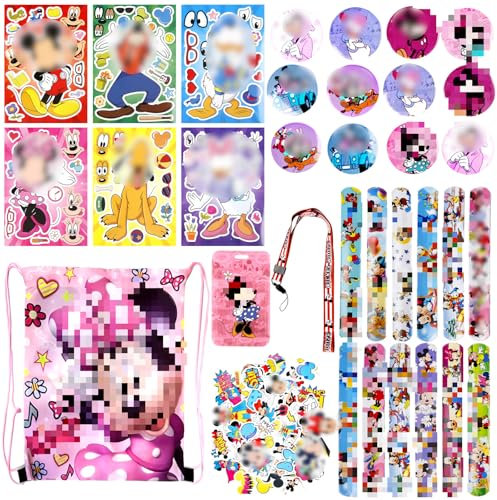 Ainvliya Mouse Party Bag Fillers for Kids Unisex, 89PC Kids' Party Favours With Party Stickers Slap Bands Drawstring Bags Badge Card Holder Lanyard Birthday Party Supplies