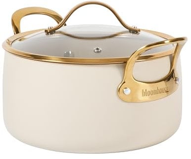 bloomhouse 6 Quart Heavy Duty Aluminum Premium PFA Free Ceramic Nonstick Dutch Oven Pot with Lid - Almond Cream w/Gold Handle