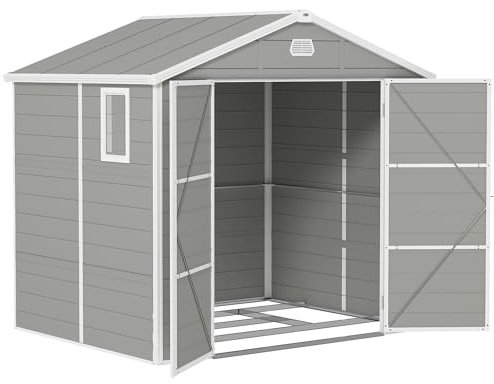 Outsunny 8 x 6ft Plastic Garden Storage Shed with Foundation Kit, Polypropylene Outdoor Storage Tool House with Ventilation Slots and Lockable Door, Light Grey