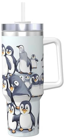 JIUTY Reisebecher mit Aufschrift Many Cute Baby Penguins Sketch 1,2 l Ice Bully with Handle Travel Mug Straw Cup Stainless Steel Water Iced Tea Coffee Gift