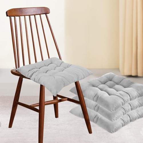 bechoanigel 4er-Set Stuhlkissen, Sitzkissen Stuhl 40 x 40 cm für den Innen und Außenbereich Stuhlkissen-Set mit Bändern, Bürostuhl, Balkonstuhl, Sitzkissen für Esszimmer, Wohnzimmer (Silbergrau)