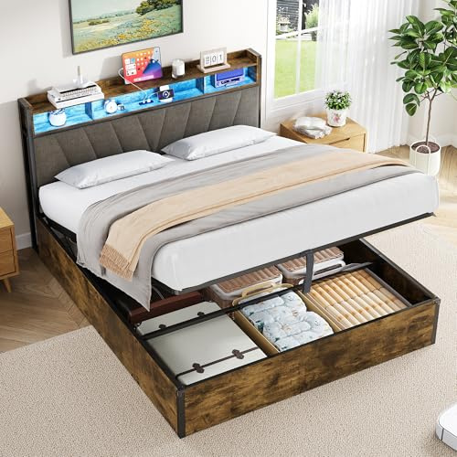 Gxffipw 5ft Upholstered King Size Bed Frame with Hydraulic Storage and LED Storage Headboard, Ottoman Bed King Size 150x200 cm with USB Type C, No Box Spring Needed, Linen, Walnut, No Mattress