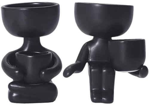 Hemobllo 2pcs Pots de Fleurs en Céramique Humaine pour Cactus et Petites Plantes, Pot Décoratif Noir pour Maison et Jardin, Design Artistique et Créatif