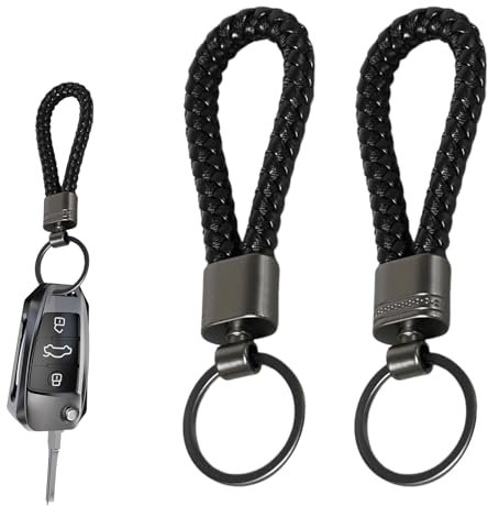 BOULESENM 2 PièCes Porte Clef Cuir,Porte-Clés en Cuirs,Porté clé Voiture Multifonction en Cuir Tressé,Anneaux Porté Clé,pour Voituré, Moto,VéLo Et Maison (Noir),pour Homme Femme