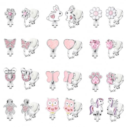 LOLIAS 12 Paar Ohrclips Kinder Mädchen Clip Ohrringe Ohne Ohrloch in CZ Herz Stern Blumen Niedlich Hypoallergene Bunt Rosa Prinzessinnen Ohrringe Clips Ohrring Set Geschenke für Mädchen Kinder