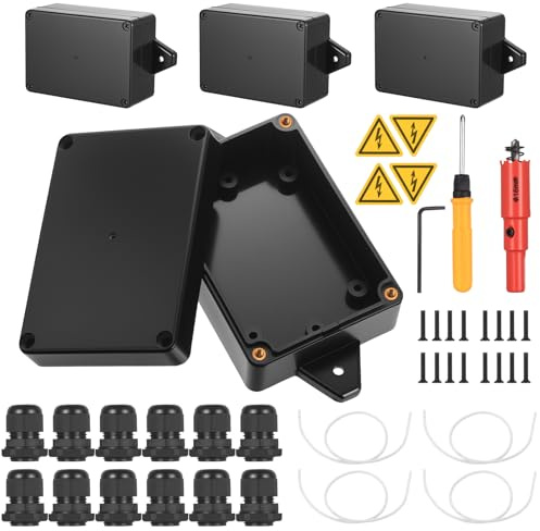 Aoyfuwell 4 Stück Anschlussdose, IP65 wasserdichte Anschlussdose, Elektroinstallationsbox (schwarz), mit 16mm Lochsäge, Schraubendreher und Sicherheitskennzeichen, Kabelschutzbügel - 83x58x33mm