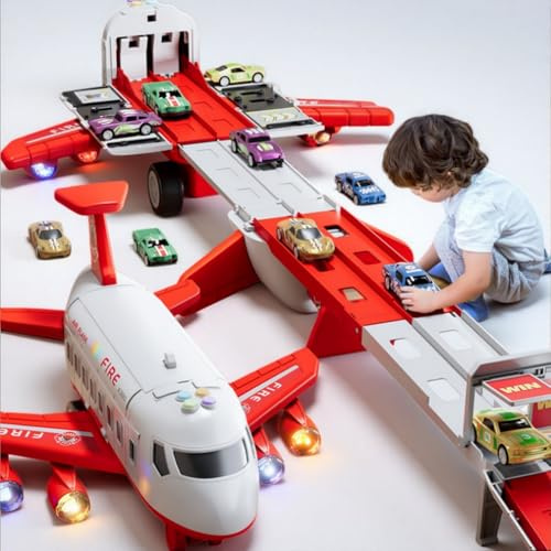 Flugzeug-Rennstrecke Spielzeug mit Musik & Licht, 3-lagige Faltbare Rennbahn, 8 Rennautos & Transportflugzeug, Spielset für Kinder ab 3 4 5 6 Jahren – Geschenk für Jungen & Mädchen (Red)