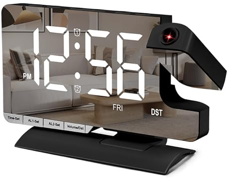 SZELAM Digital Clock,Alarm Clock Bedside with Projection,7.3 Mirror Clock with 180°Rotating Projector,Dual Alarm with 3 Mode,Brightnee Adjust,DST,Snooze,Charging Port,5 Levels Volume for Desk Teens